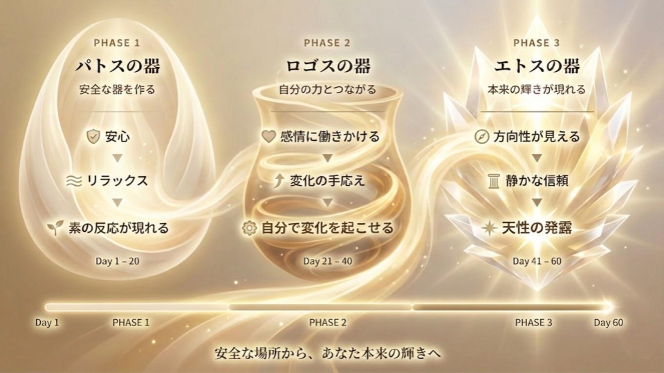 3つのフェーズの旅路図:パトスの器、ロゴスの器、エトスの器